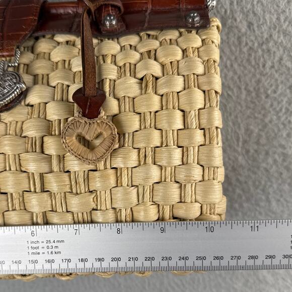 Brighton Woven Jute Leather Handbag Top Open Snap Close Paisley Interior Retired - Picture 5 of 11